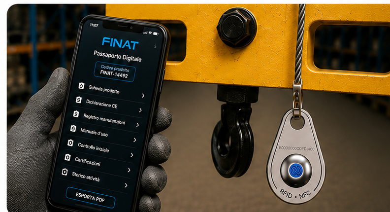 Operatore che avvicina lo smartphone al TAG FINAT fissato al bilancino con cavetto metallico